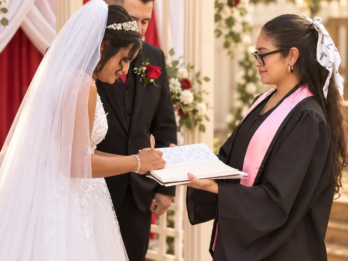 Wedding officiant assisting a couple during their ceremony