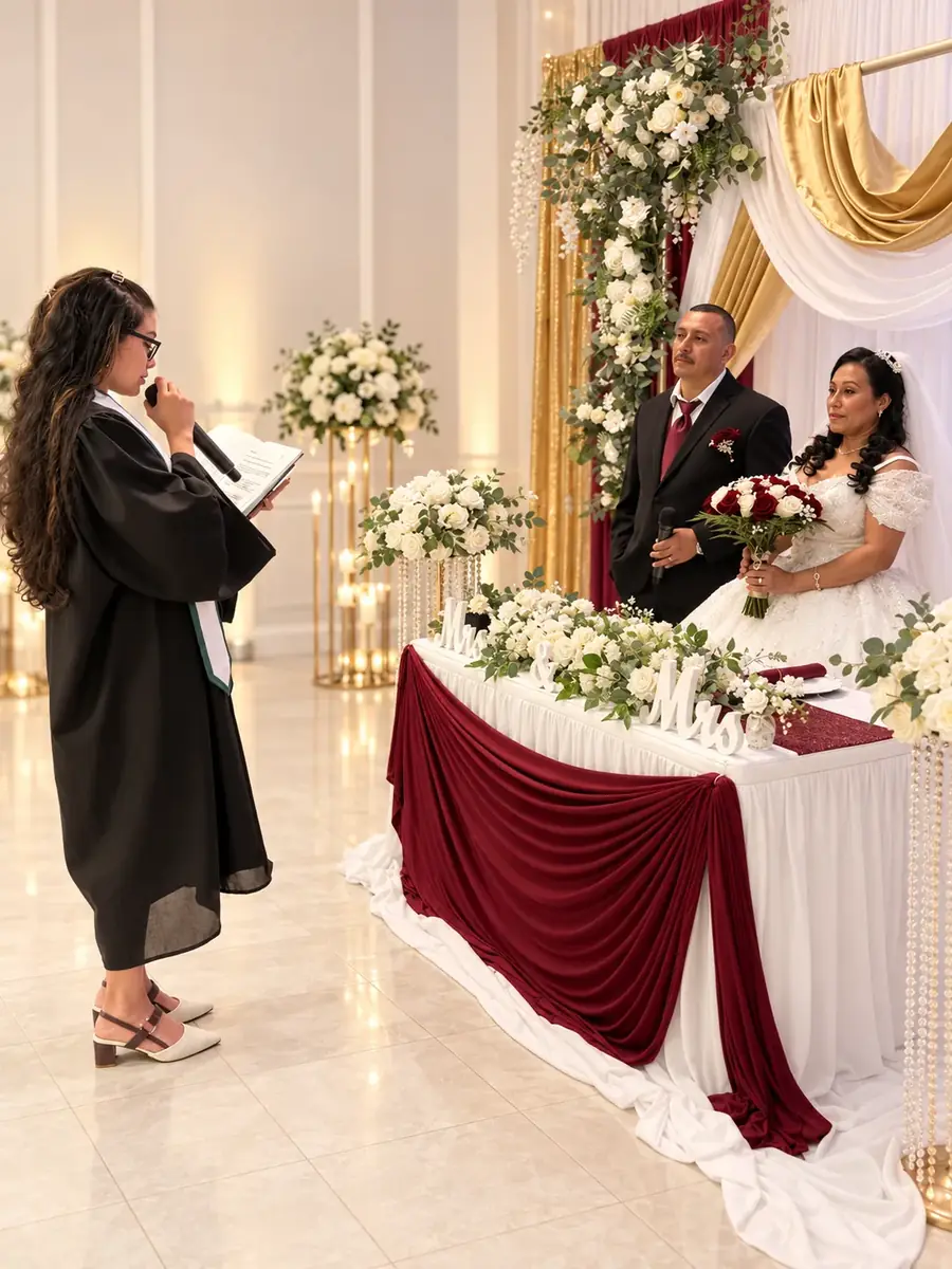 Wedding officiant speaking to a couple in burgundy decor