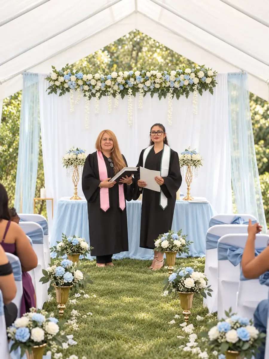 Blue and white outdoor ceremony beneath a white canopy