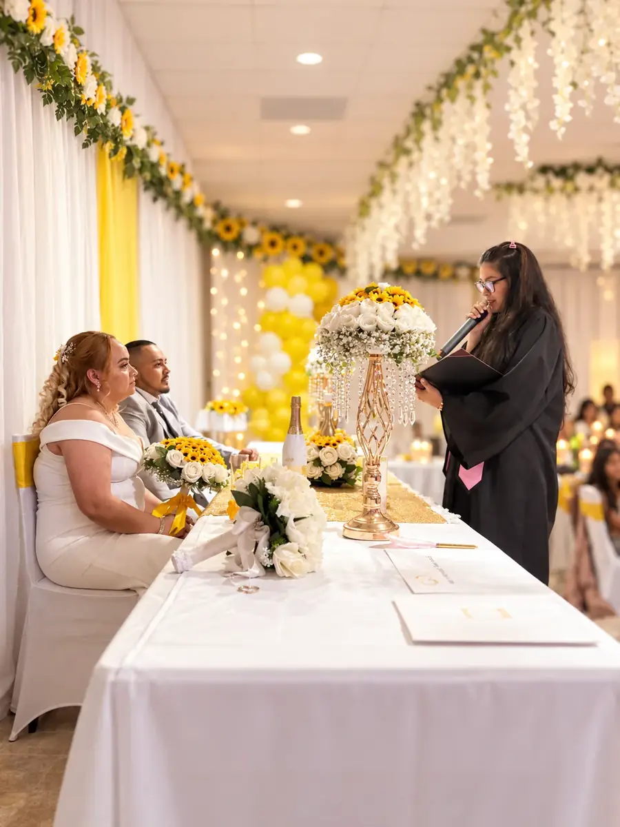 Wedding officiant speaking to a couple in a yellow ceremony setting