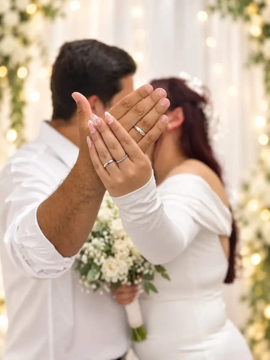 Wedding couple showing their rings during a portrait